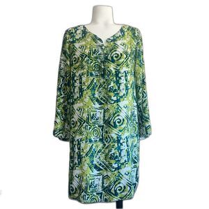 Margaritaville Batik Lace Up Tunic Swim Cover-up Green Blue L Large